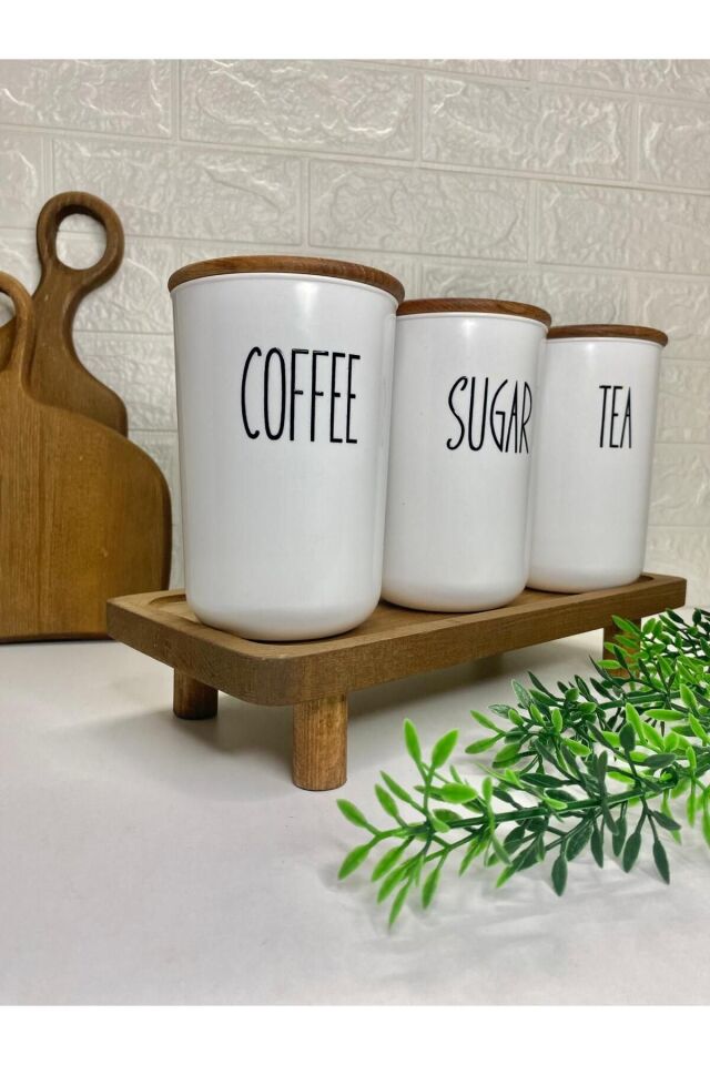 3'lü Ahşap Vakum Kapaklı Transfer Etiketli Akrilik (PLASTİK) Tea/sugar/salt Kavanoz 900ml KAHVERENGİ STANT