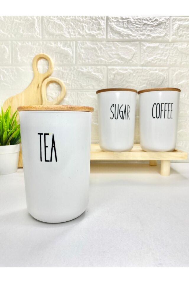 3'lü Ahşap Vakum Kapaklı Transfer Etiketli Akrilik (PLASTİK) Tea/sugar/salt Kavanoz 900ml BEYAZ STANT