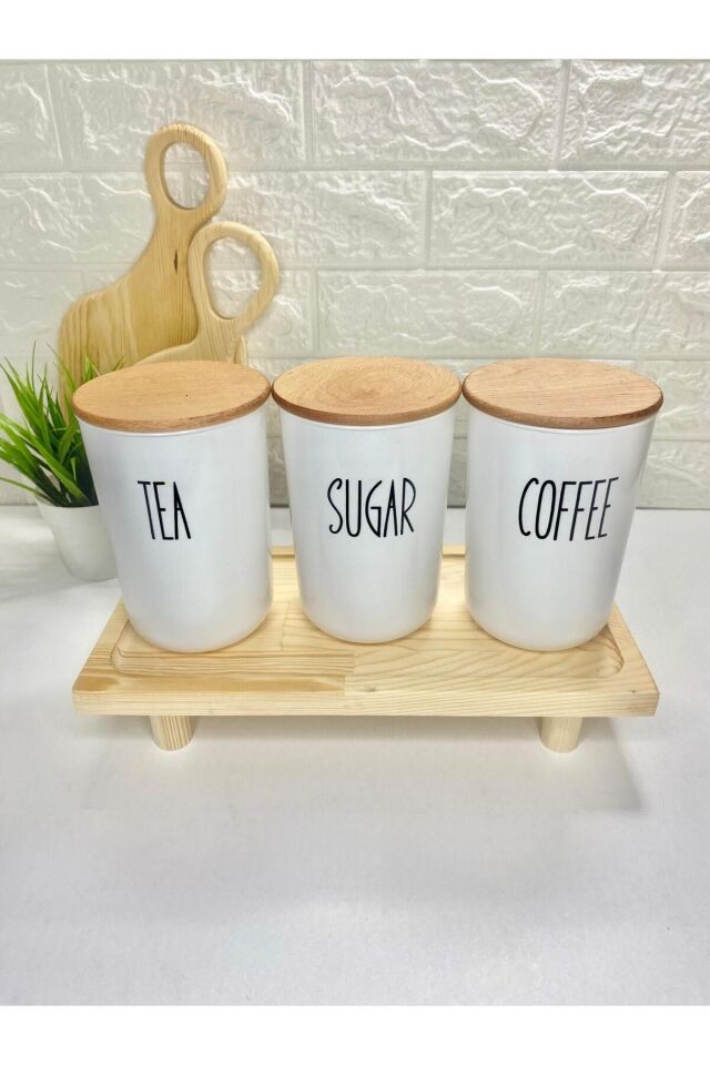 3'lü Ahşap Vakum Kapaklı Transfer Etiketli Akrilik (PLASTİK) Tea/sugar/salt Kavanoz 900ml BEYAZ STANT