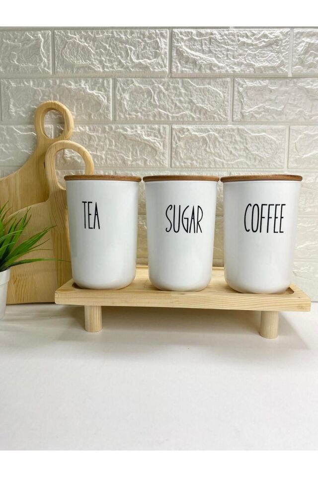3'lü Ahşap Vakum Kapaklı Transfer Etiketli Akrilik (PLASTİK) Tea/sugar/salt Kavanoz 900ml BEYAZ STANT