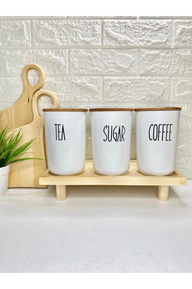 3'lü Ahşap Vakum Kapaklı Transfer Etiketli Akrilik (PLASTİK) Tea/sugar/salt Kavanoz 900ml BEYAZ STANT
