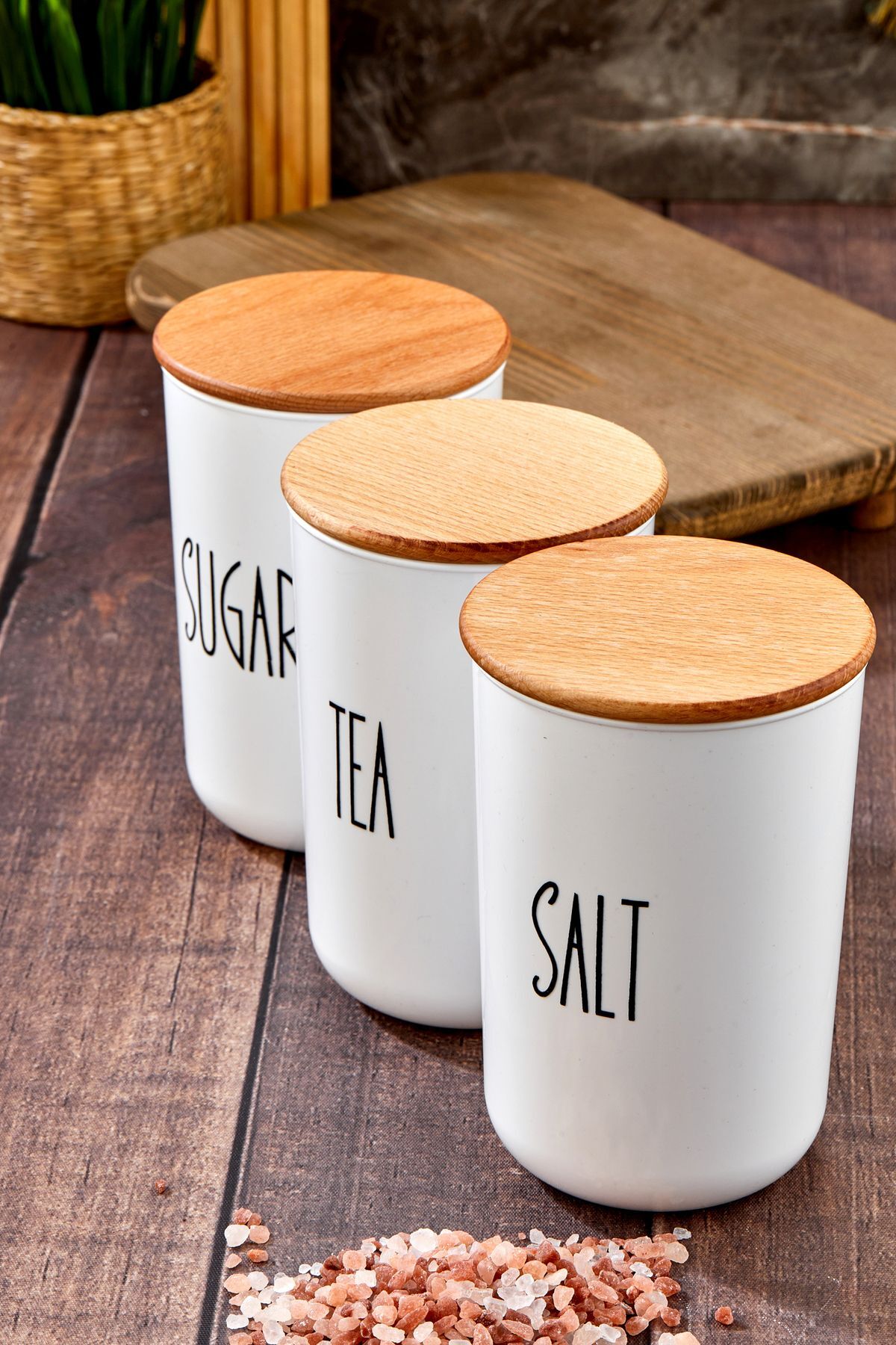 3'lü Ahşap Vakum Kapaklı Transfer Etiketli Akrilik (PLASTİK) Tea/sugar/salt Kavanoz 900ml Beyaz