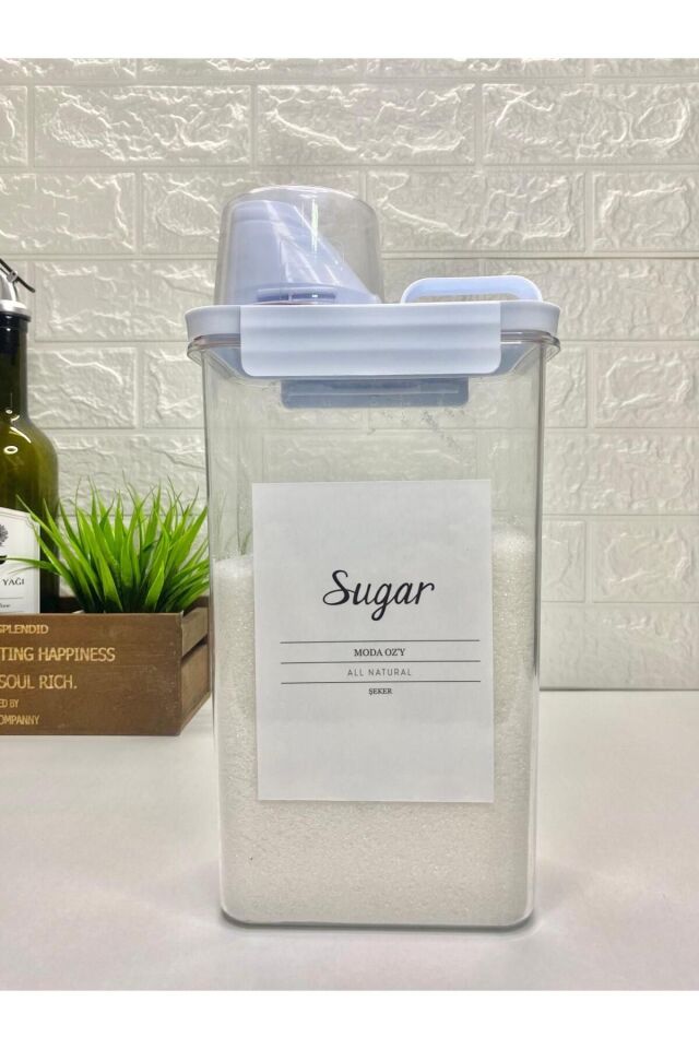 Ölçü Kapaklı Vakumlu Akrilik Saklama Kabı 2300ml Etiketli Erzak Kabı ŞEKER
