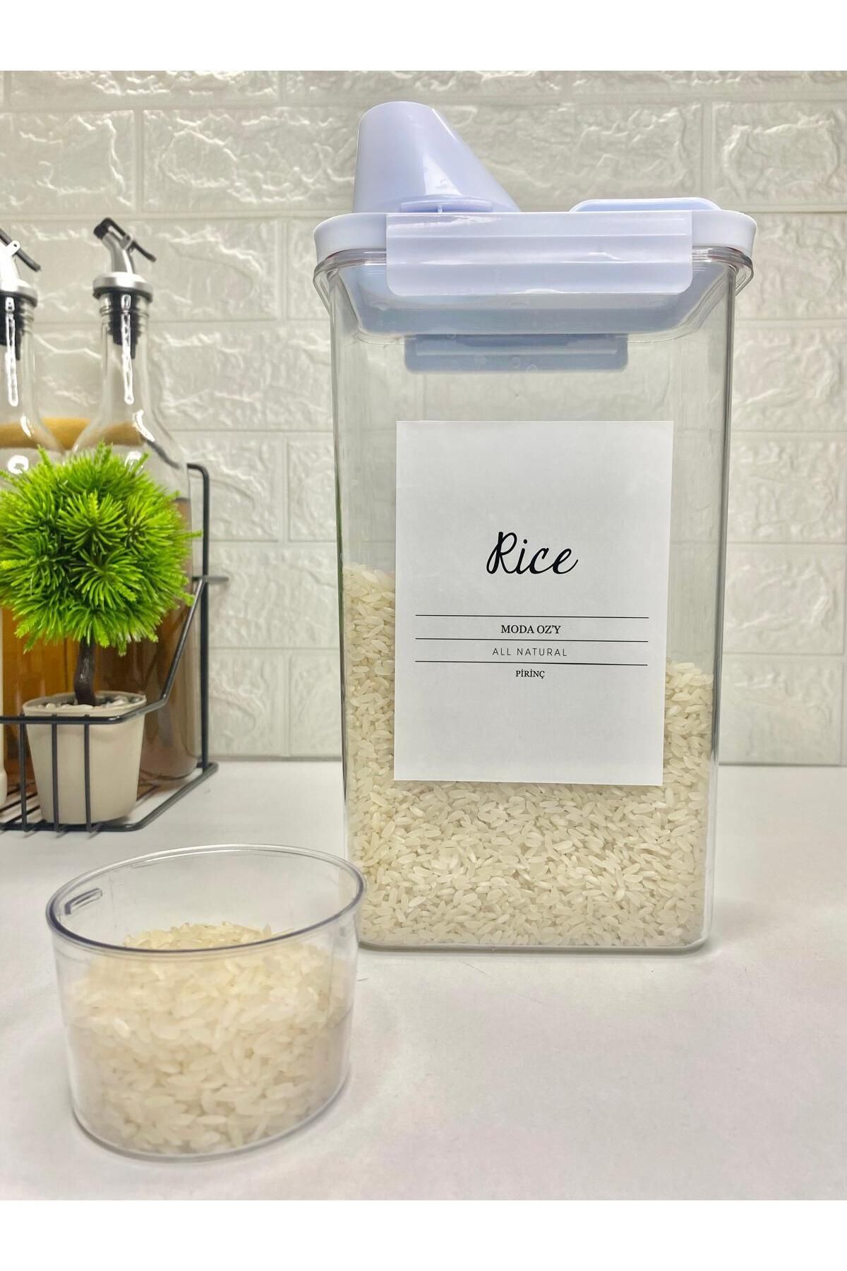 Ölçü Kapaklı Vakumlu Akrilik Saklama Kabı 2300ml Etiketli Erzak Kabı PİRİNÇ