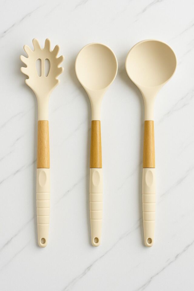 2'li Isıya  3'lü Isıya  Dayanıklı Yanmaz Yapışmaz Bambu Saplı Servislik Silikon Kepçe-Kaşık-Makarna Kaşığı