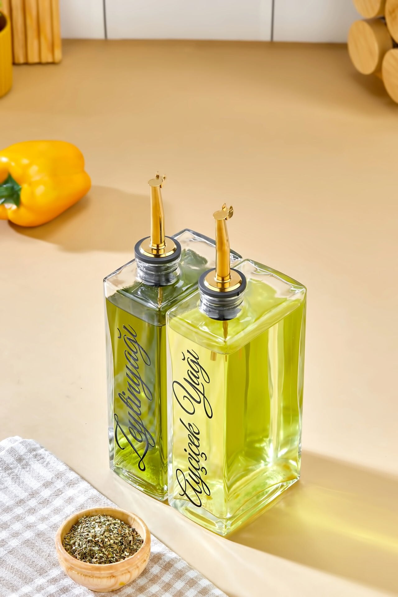 2'li 500 ml Cam Şişe Zeytinyağı /Ayçiçekyağı Transfer Etiketli Yağdanlık Sosluk Sirkelik