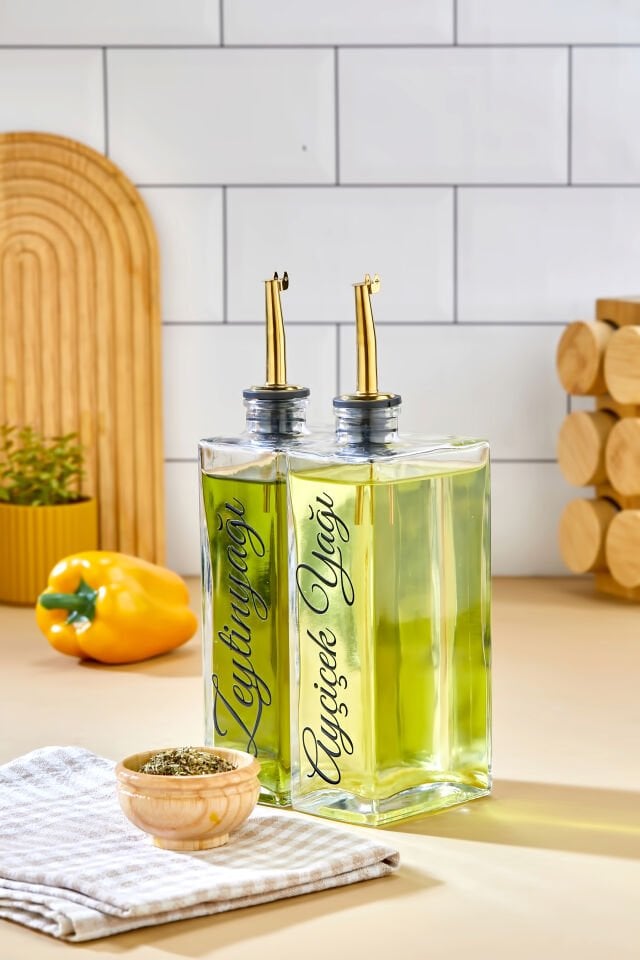 2'li 500 ml Cam Şişe Zeytinyağı /Ayçiçekyağı Transfer Etiketli Yağdanlık Sosluk Sirkelik
