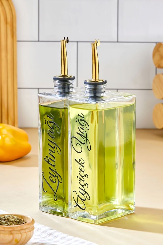 2'li 500 ml Cam Şişe Zeytinyağı /Ayçiçekyağı Transfer Etiketli Yağdanlık Sosluk Sirkelik