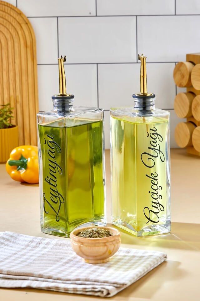 2'li 500 ml Cam Şişe Zeytinyağı /Ayçiçekyağı Transfer Etiketli Yağdanlık Sosluk Sirkelik