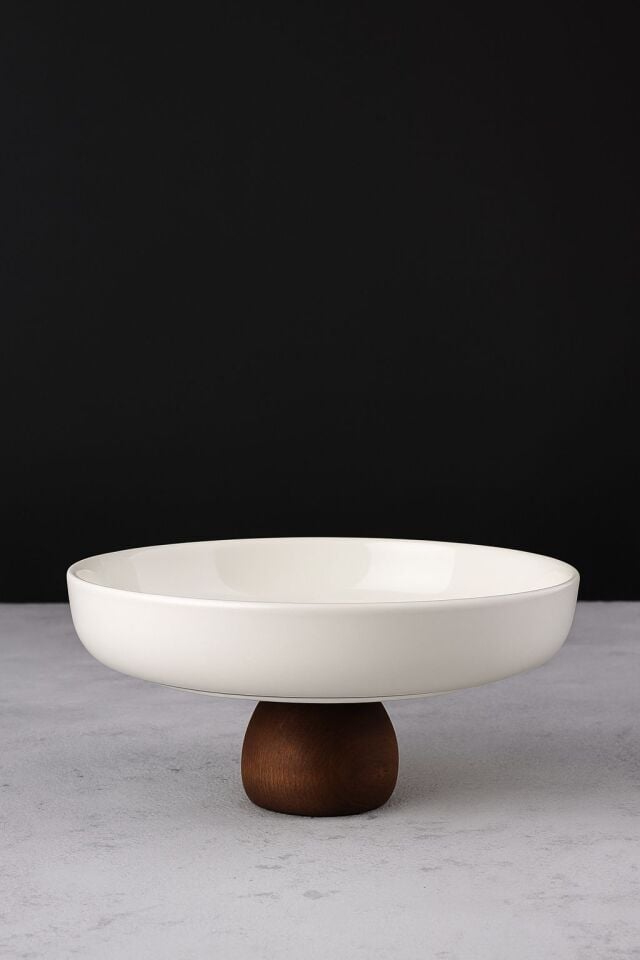 Porselen Sunumluk Ahşap Ayaklı Sunumluk Meyvelik Salata Kasesi Sunum Tabağı