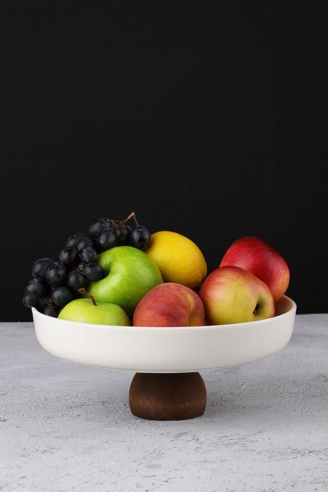 Porselen Sunumluk Ahşap Ayaklı Sunumluk Meyvelik Salata Kasesi Sunum Tabağı