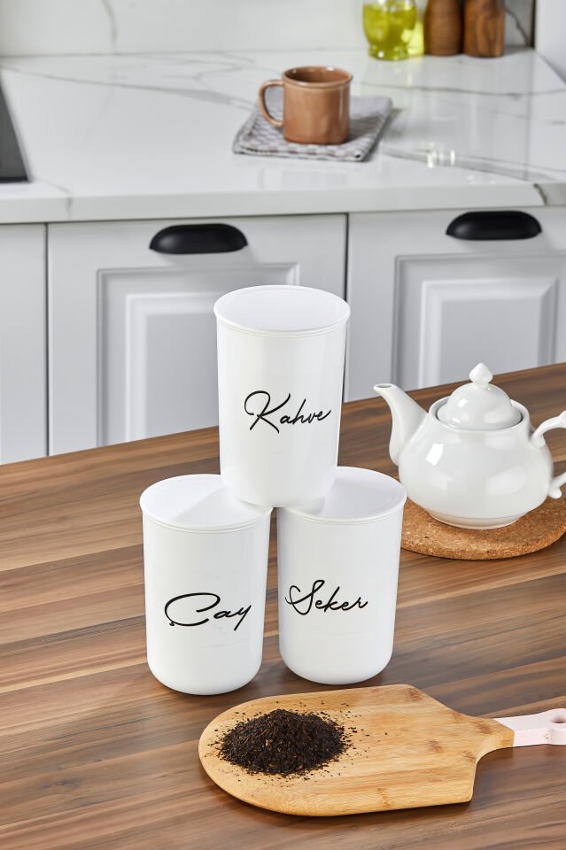 3'lü Plastik  Vakum Kapaklı Transfer Etiketli Akrilik (PLASTİK) Çay/Şeker/Kahve Kavanoz 900ml