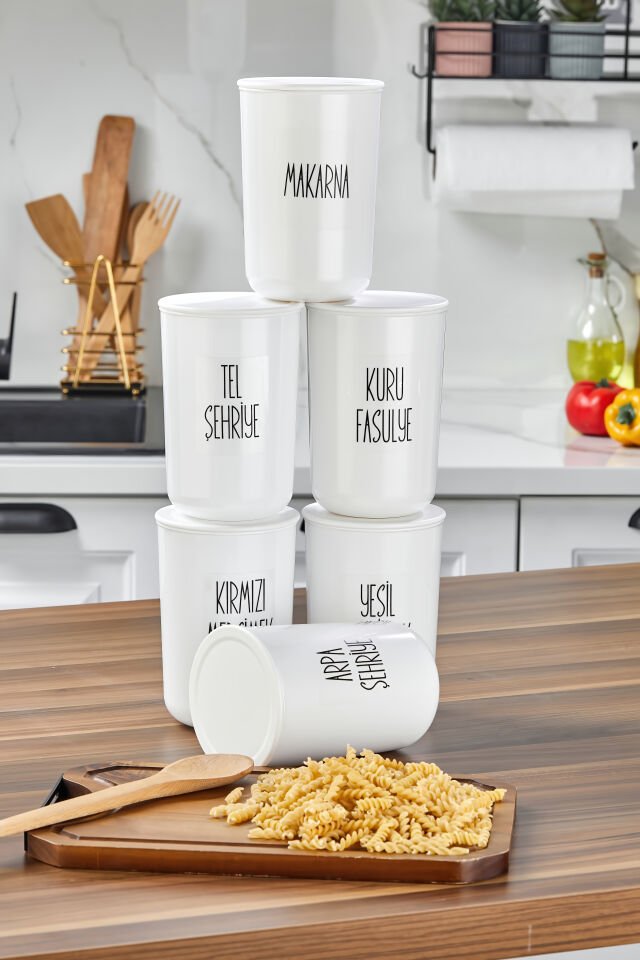 6'lı 900ml Akrilik (PLASTİK) Kavanoz Plastik Vakum Kapaklı Şeffaf Bakliyat Etiketli Saklama Kabı