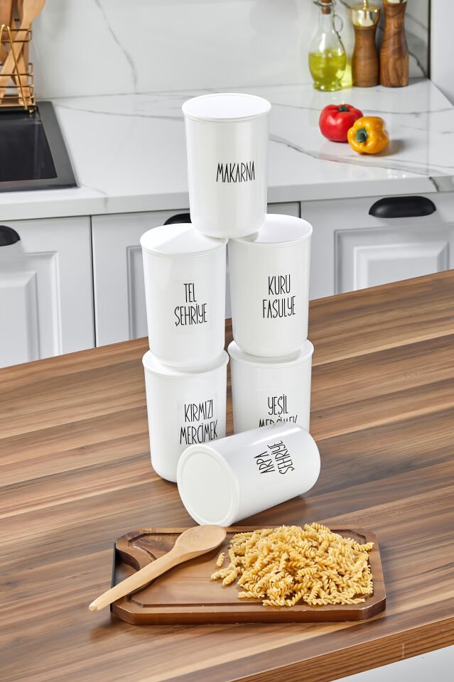 6'lı 900ml Akrilik (PLASTİK) Kavanoz Plastik Vakum Kapaklı Şeffaf Bakliyat Etiketli Saklama Kabı