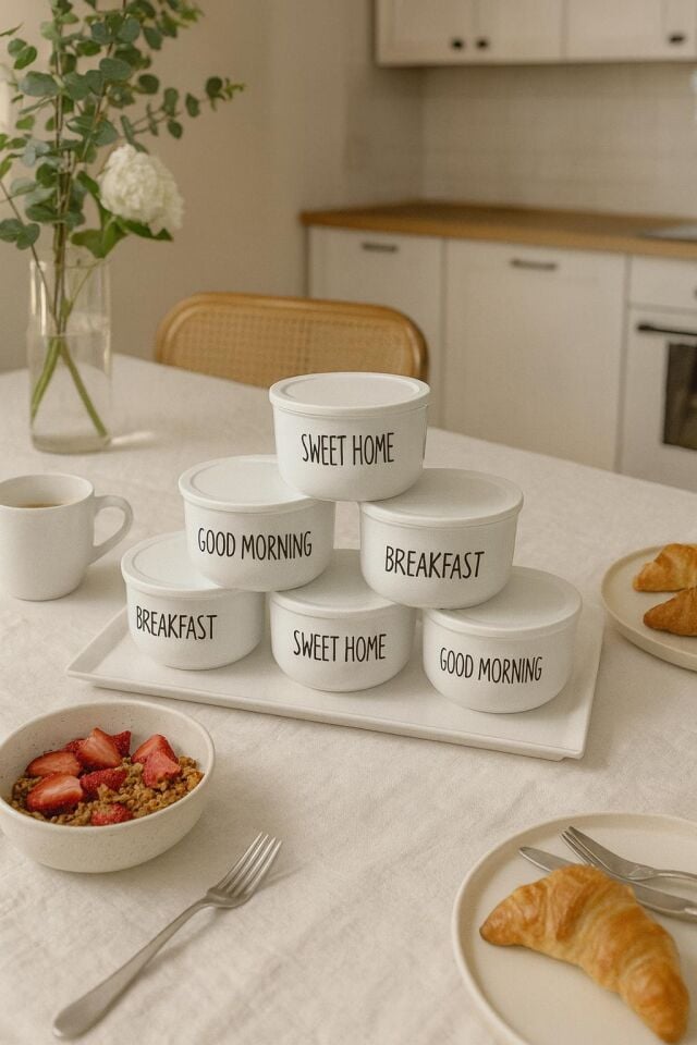 6'lı 400ml Akrilik(Plastik) Saklama Kabı Melamin Sunum Tepsili Kahvaltı Seti Şeffaf Etiketli 7 Parça