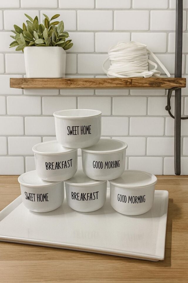 6'lı 400ml Akrilik(Plastik) Saklama Kabı Melamin Sunum Tepsili Kahvaltı Seti Şeffaf Etiketli 7 Parça