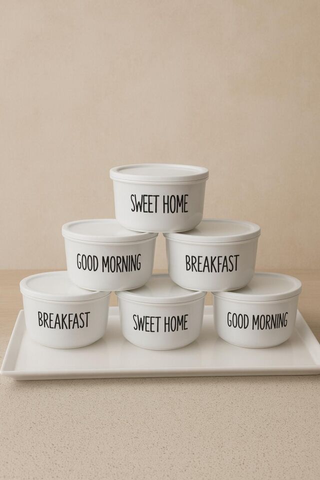 6'lı 400ml Akrilik(Plastik) Saklama Kabı Melamin Sunum Tepsili Kahvaltı Seti Şeffaf Etiketli 7 Parça