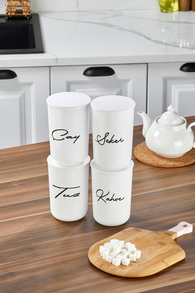 4'lü Akrilik Vakum Kapaklı Transfer Etiketli Akrilik (PLASTİK)Çay/Şeker/Tuz/Kahve Kavanoz 900ml