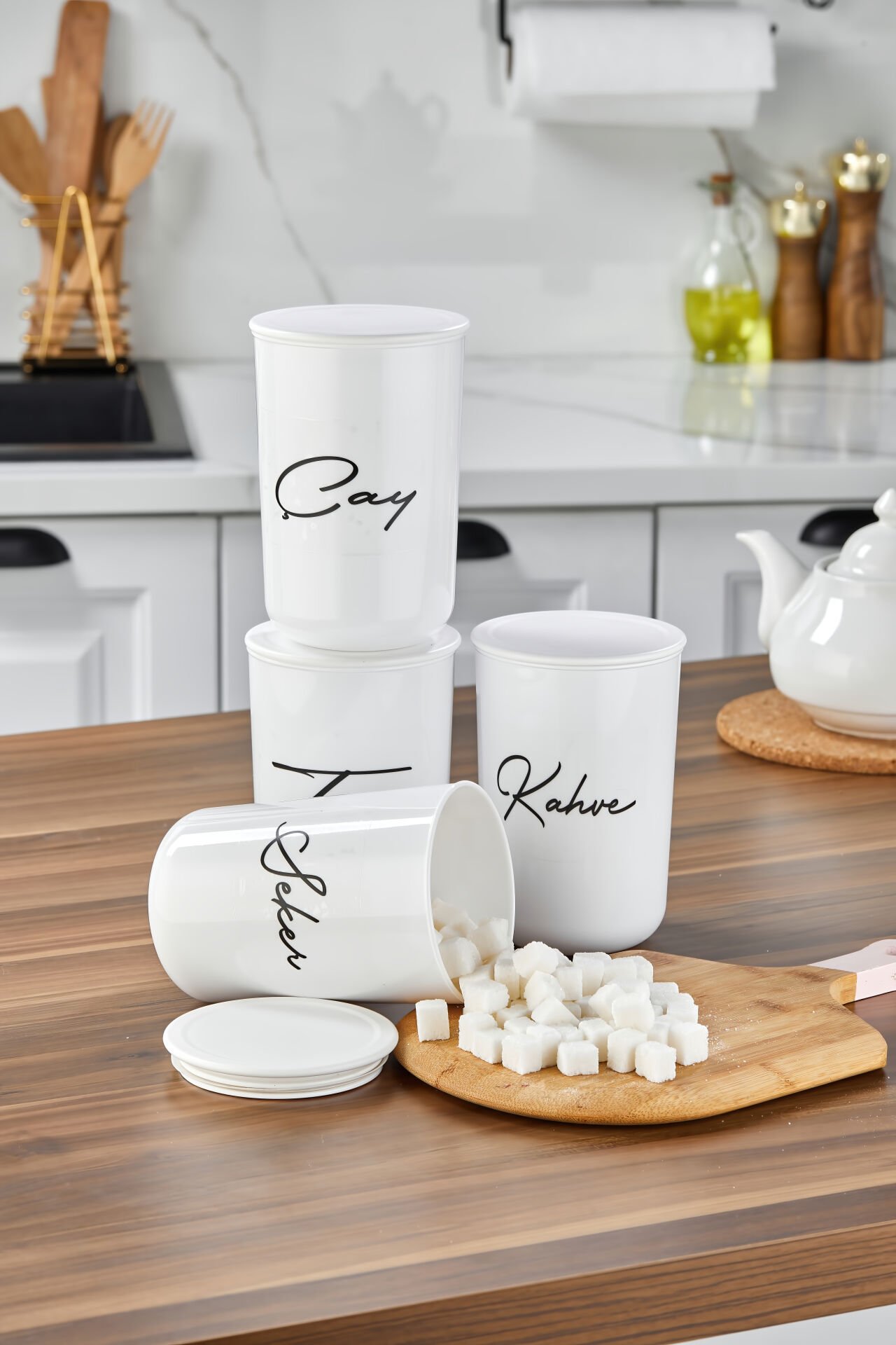 4'lü Akrilik Vakum Kapaklı Transfer Etiketli Akrilik (PLASTİK)Çay/Şeker/Tuz/Kahve Kavanoz 900ml