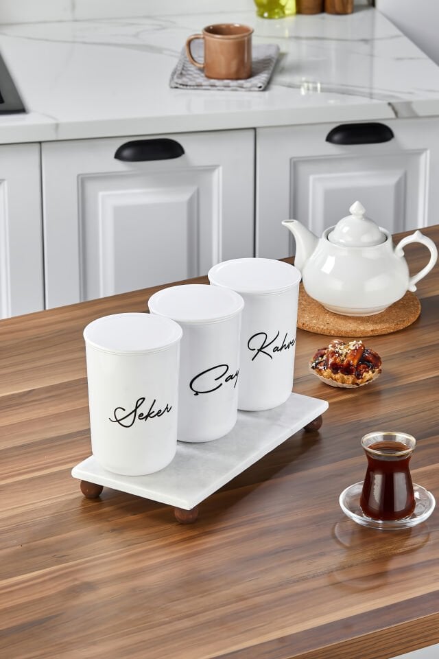 3'lü 900ml Akrilik Kapaklı Akrilik (PLASTİK) Saklama Kabı Mermer  Stantlı Kavanoz Seti 4lü Set