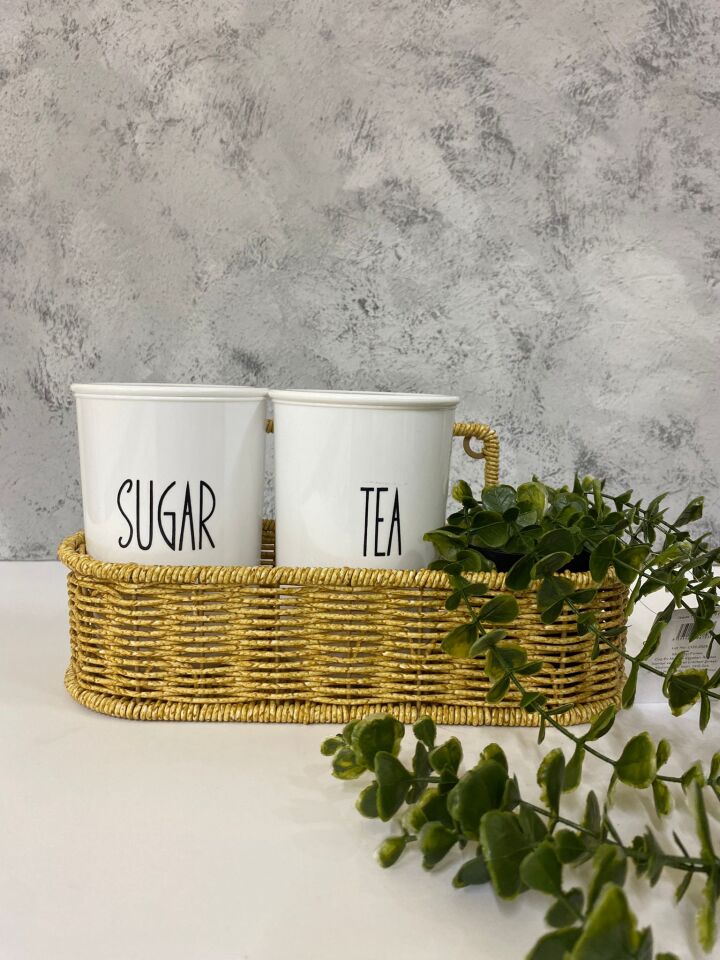 2li Rattan Sepetli Akrilik (PLASTİK) Çay/Şeker Kavanozu Sarkan Çiçek Hediyeli 4lü Set
