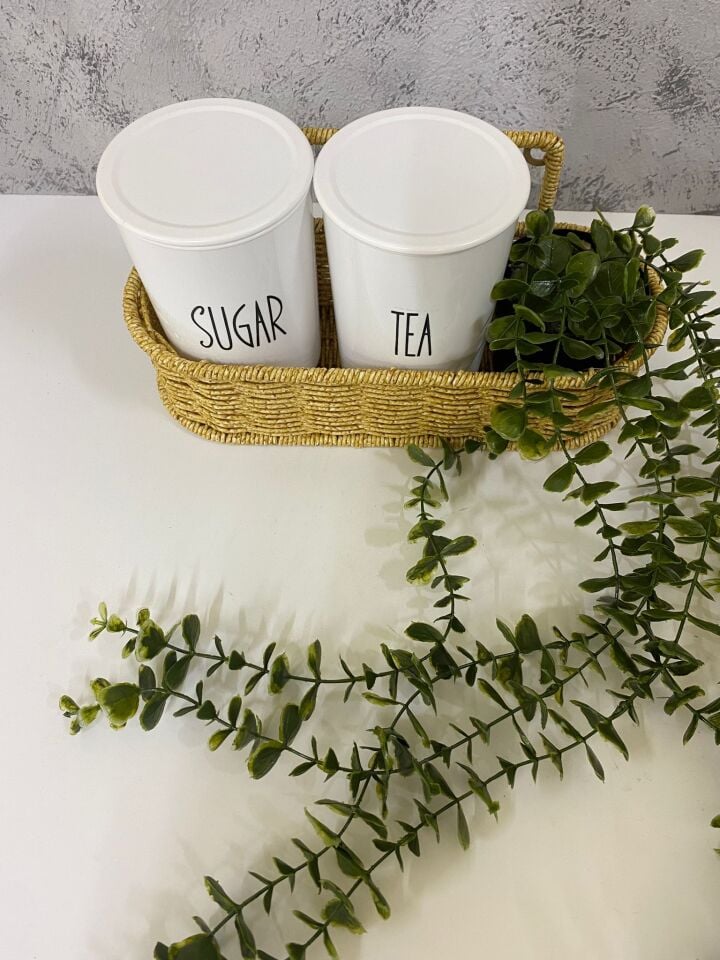 2li Rattan Sepetli Akrilik (PLASTİK) Çay/Şeker Kavanozu Sarkan Çiçek Hediyeli 4lü Set