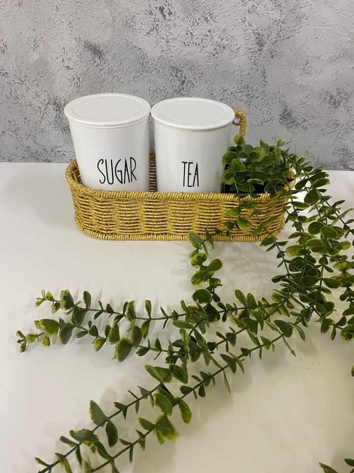 2li Rattan Sepetli Akrilik (PLASTİK) Çay/Şeker Kavanozu Sarkan Çiçek Hediyeli 4lü Set
