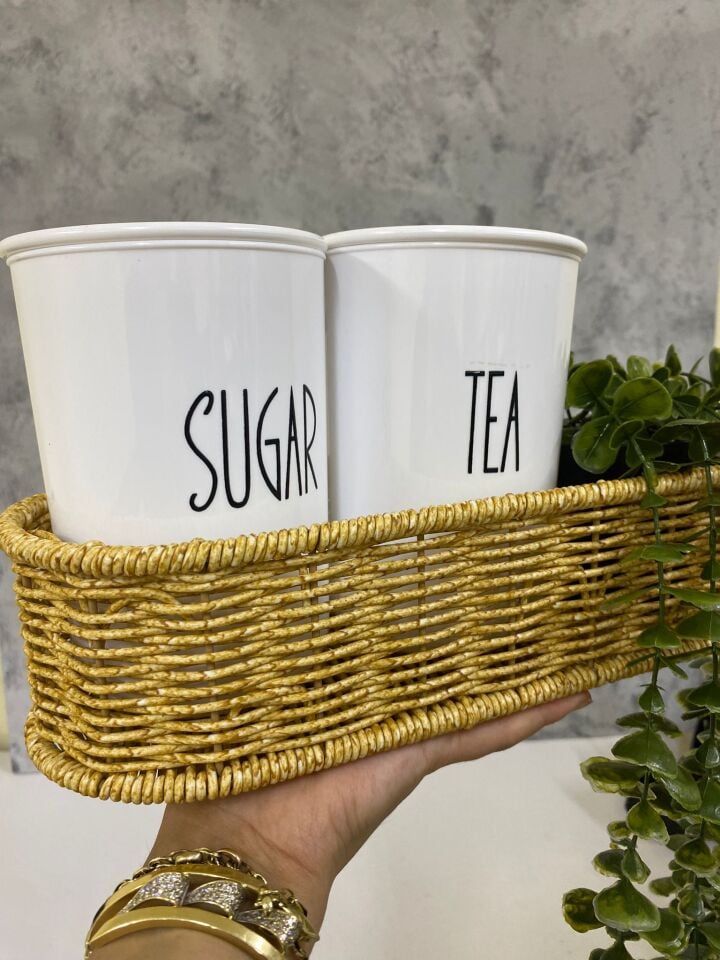 2li Rattan Sepetli Akrilik (PLASTİK) Çay/Şeker Kavanozu Sarkan Çiçek Hediyeli 4lü Set