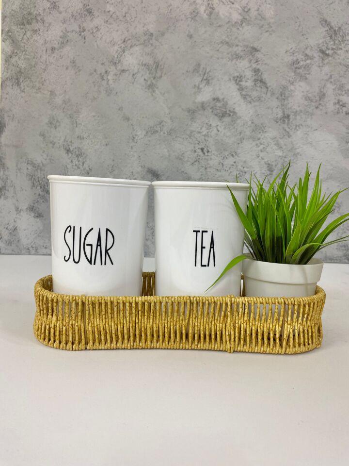 Rattan Sepetli 2'Li Akrilik (PLASTİK) Çay/Şeker Saklama Kabı Çiçek Hediyeli 4'Lü Set