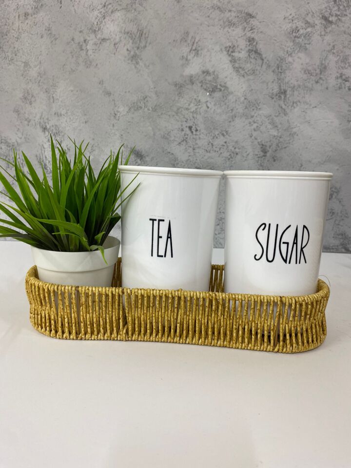 Rattan Sepetli 2'Li Akrilik (PLASTİK) Çay/Şeker Saklama Kabı Çiçek Hediyeli 4'Lü Set