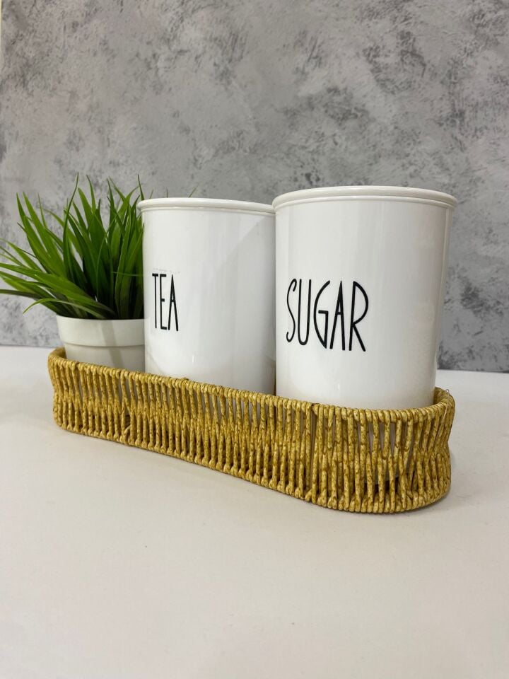 Rattan Sepetli 2'Li Akrilik (PLASTİK) Çay/Şeker Saklama Kabı Çiçek Hediyeli 4'Lü Set