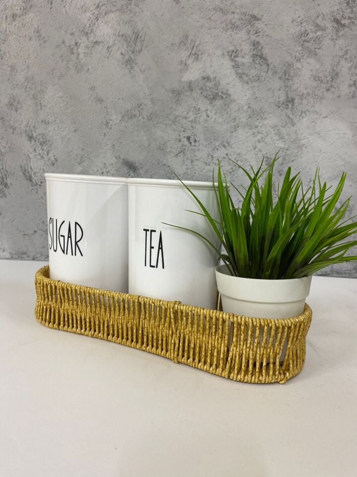 Rattan Sepetli 2'Li Akrilik (PLASTİK) Çay/Şeker Saklama Kabı Çiçek Hediyeli 4'Lü Set