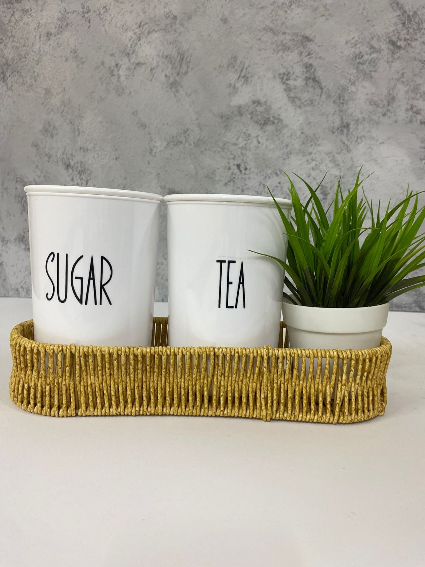 Rattan Sepetli 2'Li Akrilik (PLASTİK) Çay/Şeker Saklama Kabı Çiçek Hediyeli 4'Lü Set