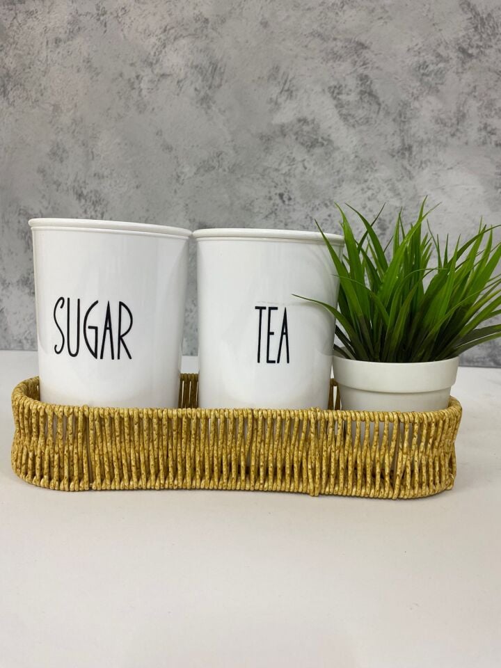 Rattan Sepetli 2'Li Akrilik (PLASTİK) Çay/Şeker Saklama Kabı Çiçek Hediyeli 4'Lü Set
