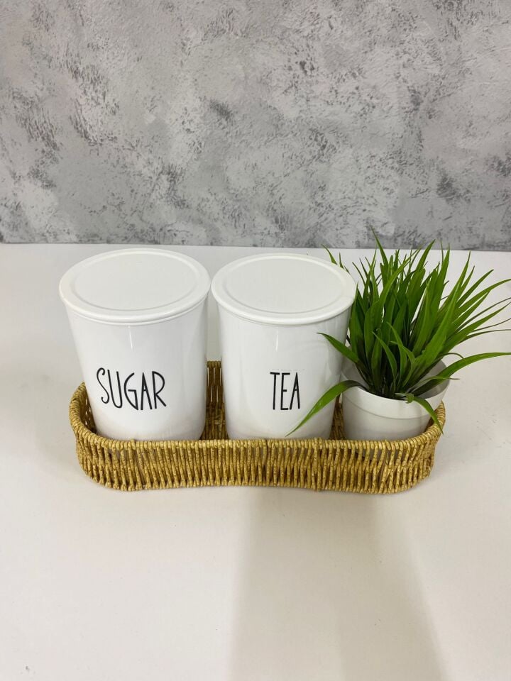 Rattan Sepetli 2'Li Akrilik (PLASTİK) Çay/Şeker Saklama Kabı Çiçek Hediyeli 4'Lü Set