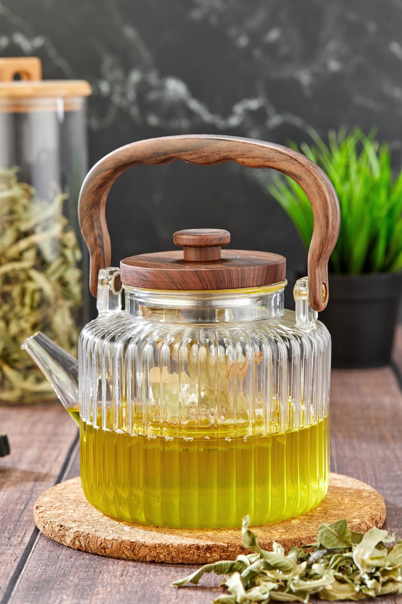 1200ml Isıya Dayanıklı Akasya Saplı Cam Demlik Cam Süzgeçli  Akasya Kapaklı (Kapak İç Kısım Çelik)