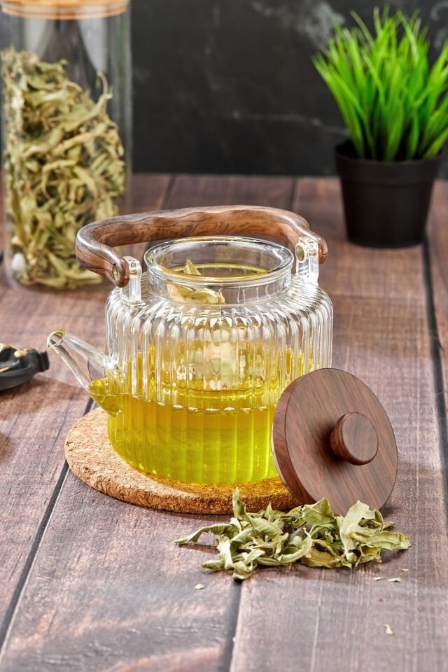 1200ml Isıya Dayanıklı Akasya Saplı Cam Demlik Cam Süzgeçli  Akasya Kapaklı (Kapak İç Kısım Çelik)