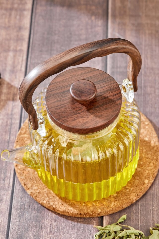 1200ml Isıya Dayanıklı Akasya Saplı Cam Demlik Cam Süzgeçli  Akasya Kapaklı (Kapak İç Kısım Çelik)