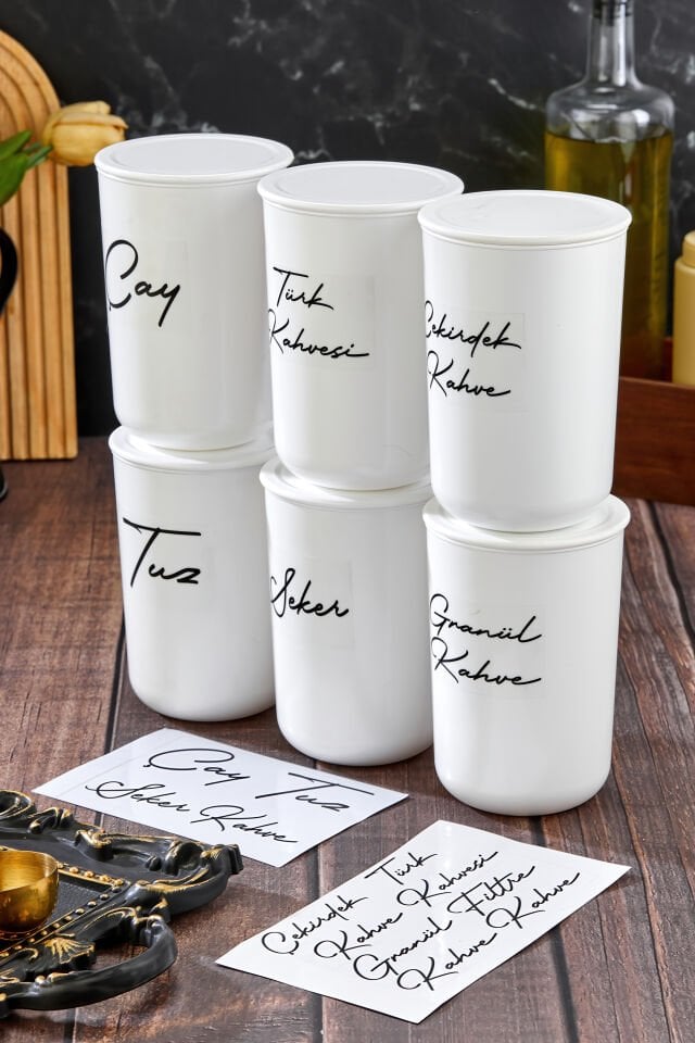 6'lı Vakum Kapaklı Etiketli Akrilik [PLASTİK] Kavanoz Seti 900ml Saklama Kabı