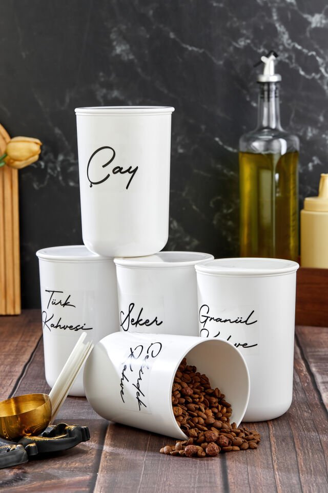 5'li Vakum Kapaklı  Etiket Çay-Şeker-Kahve  Akrilik (PLASTİK)Kavanoz 900ml Saklama Kabı