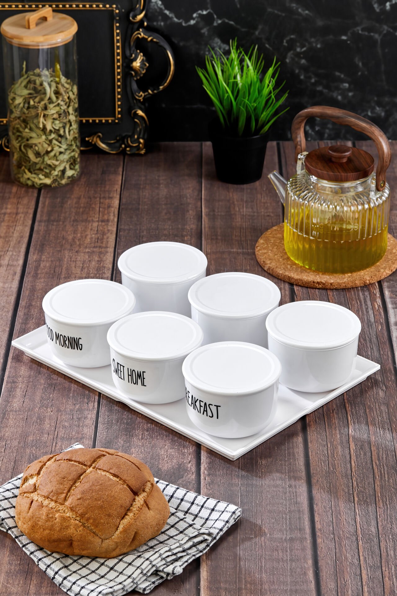 7Li 400ml  Kahvaltı Seti Akrilik(Plastik) Saklama Kabı Melamin Sunum Tepsili Şeffaf Etiketli