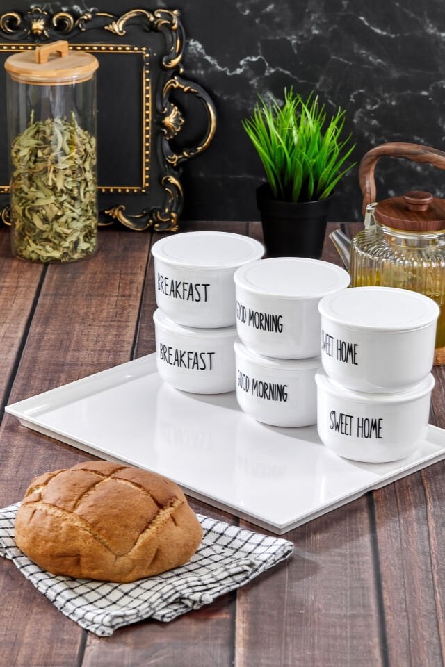 7Li 400ml  Kahvaltı Seti Akrilik(Plastik) Saklama Kabı Melamin Sunum Tepsili Şeffaf Etiketli