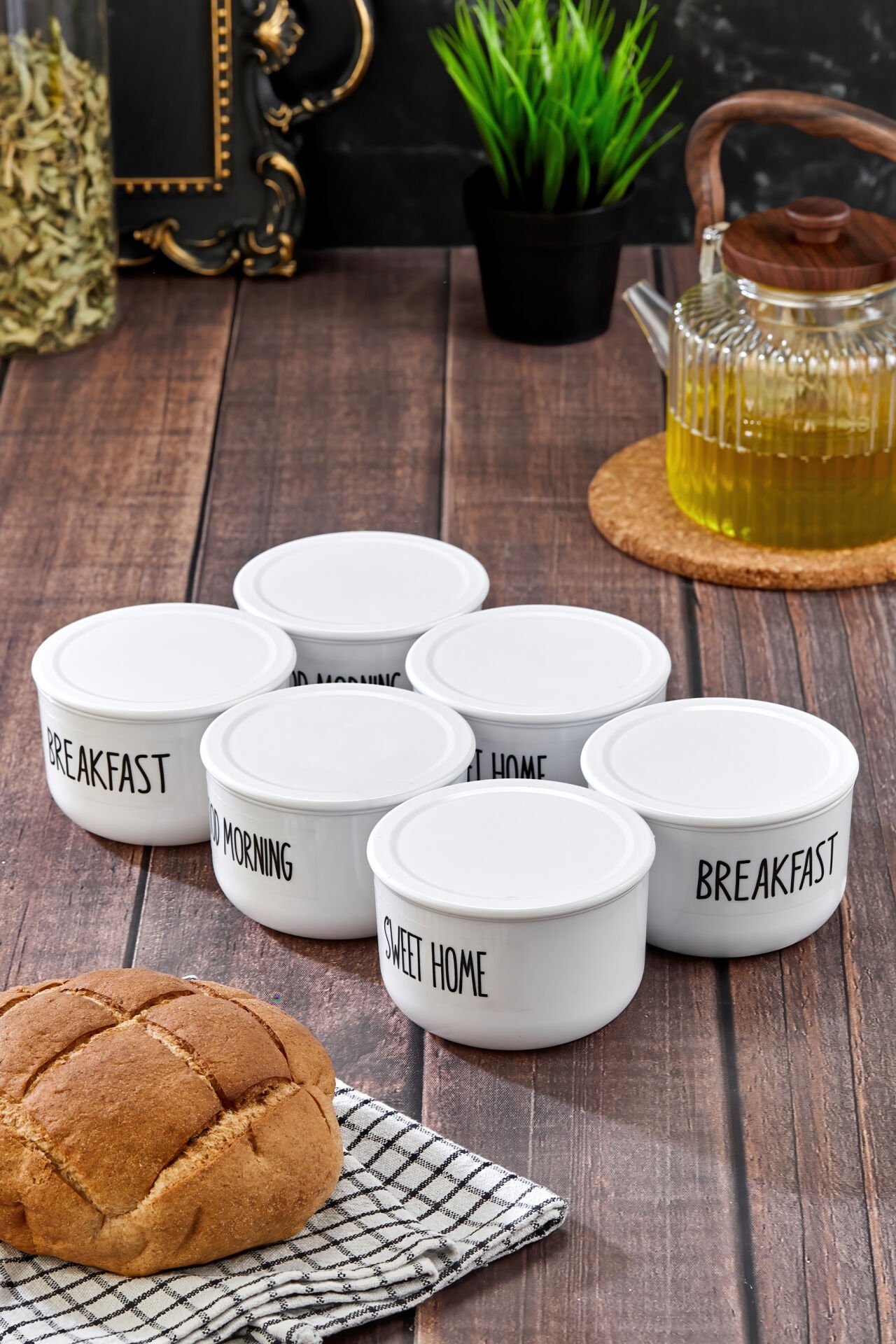 6'lı Vakumlu Kapaklı Şeffaf Etiketli Kahvaltı Seti 400ml Akrilik(PLASTİK) Kavanoz