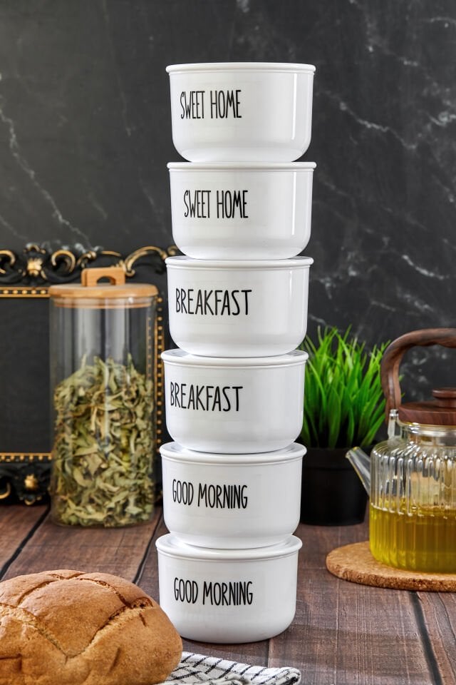 6'lı Vakumlu Kapaklı Şeffaf Etiketli Kahvaltı Seti 400ml Akrilik(PLASTİK) Kavanoz