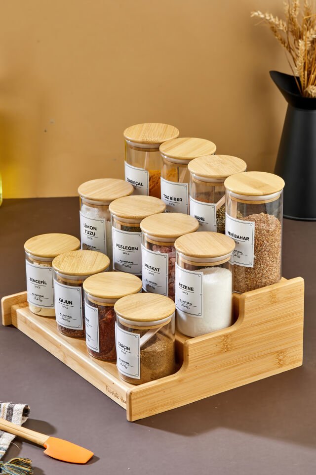 12'li 200-250-300 ml Bambu Stantlı Bambu Kapaklı Borosilikat Cam Baharatlık Kaşık Etiket Dahil