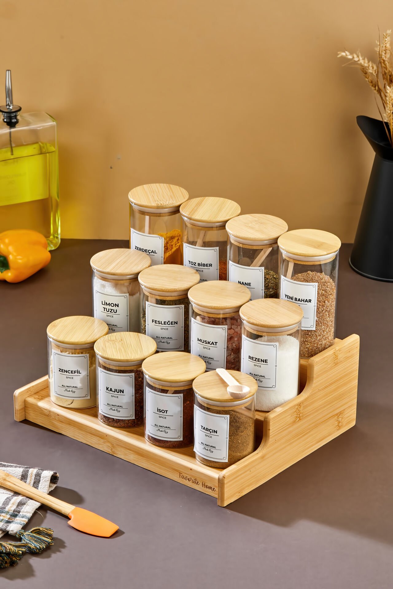 12'li 200-250-300 ml Bambu Stantlı Bambu Kapaklı Borosilikat Cam Baharatlık Kaşık Etiket Dahil