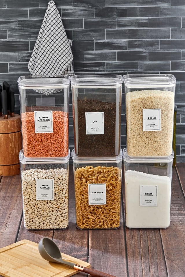 6'lı Vakum Kapaklı Bakliyat Seti Bakliyat Etiketli Saklama Kabı Erzak Kavanozu Mika 2900ml