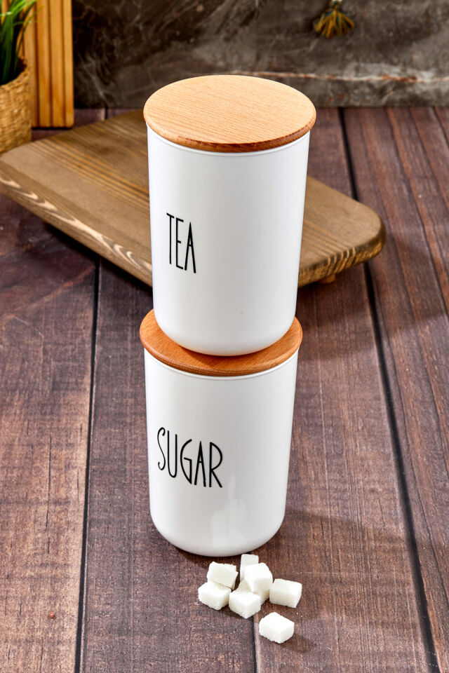 2'li Ahşap Vakum Kapaklı Transfer Etiketli Tea/sugar Akrilik Kavanoz 900ml