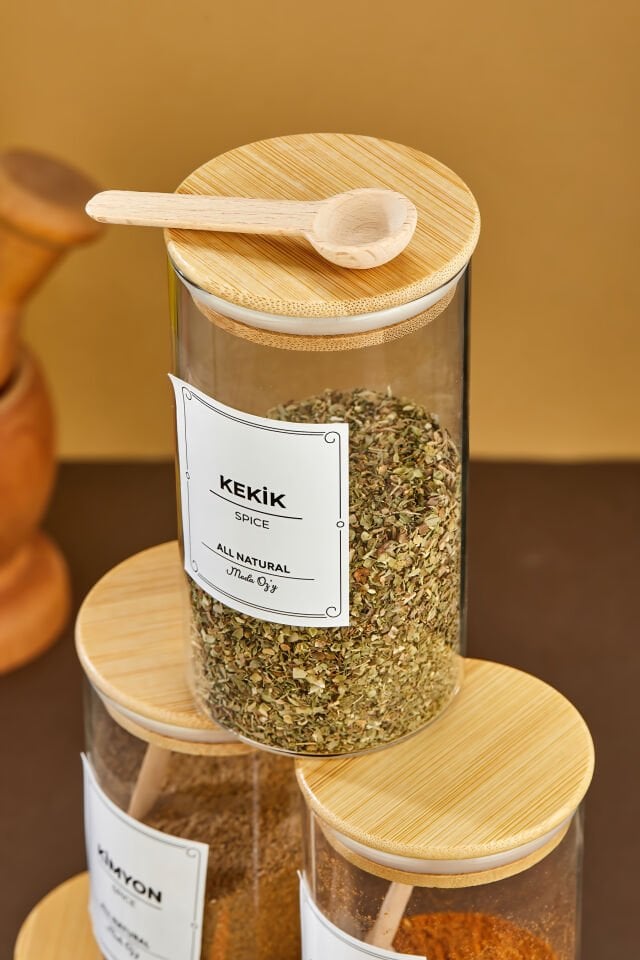6'lı 300ml Bambu  Vakum Kapaklı Kaşıklı Borosilikat Baharat Takımı (Etiket Hediyeli)