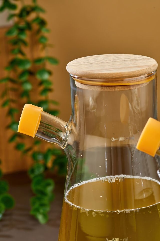 900 ml Bambu Kapaklı Vakumlu Borosilikat 3'lü Set Cam Yağlık Sirkelik Bambu Altlık
